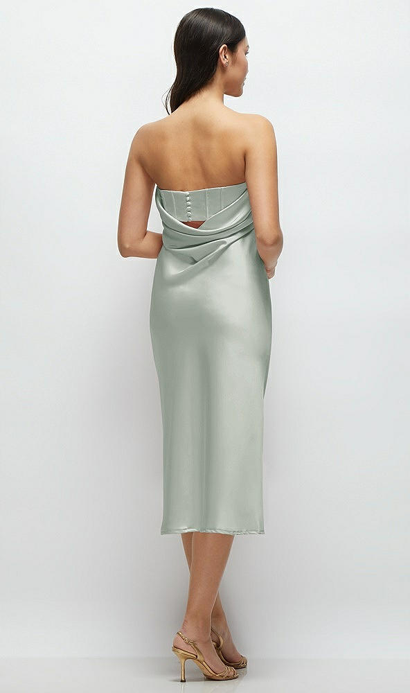 Back View - Willow Green Strapless Midi Bias Column Dress with Peek-a-Boo Corset Back