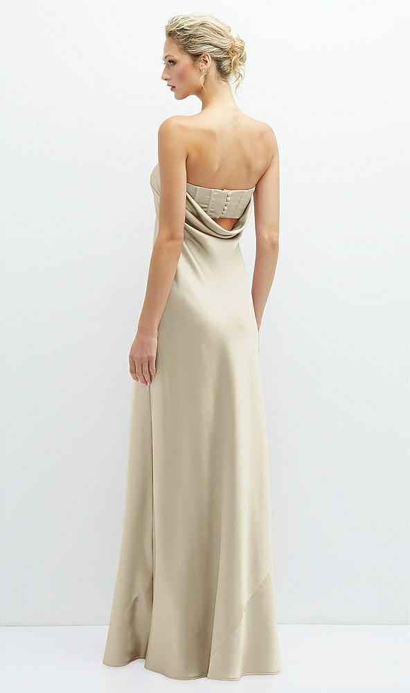 Back View - Champagne Strapless Maxi Bias Column Dress with Peek-a-Boo Corset Back