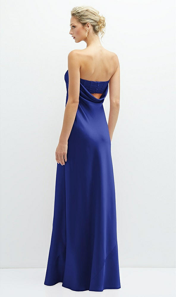 Back View - Cobalt Blue Strapless Maxi Bias Column Dress with Peek-a-Boo Corset Back