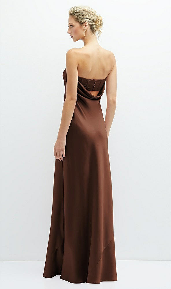 Back View - Cognac Strapless Maxi Bias Column Dress with Peek-a-Boo Corset Back