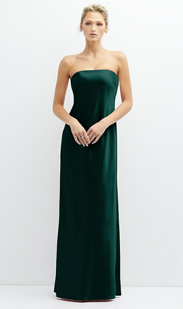 Front View - Evergreen Strapless Maxi Bias Column Dress with Peek-a-Boo Corset Back