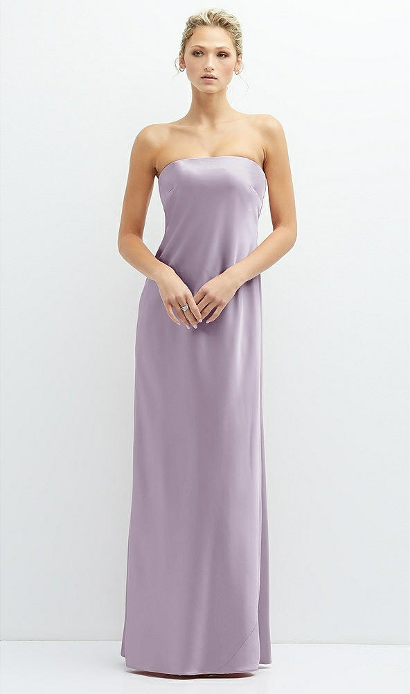 Front View - Lilac Haze Strapless Maxi Bias Column Dress with Peek-a-Boo Corset Back