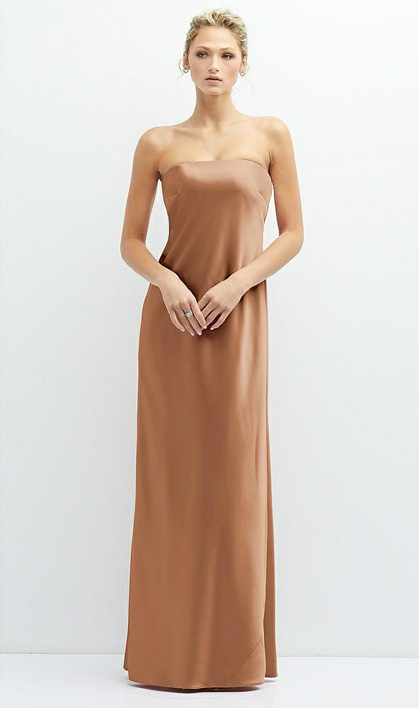 Front View - Toffee Strapless Maxi Bias Column Dress with Peek-a-Boo Corset Back