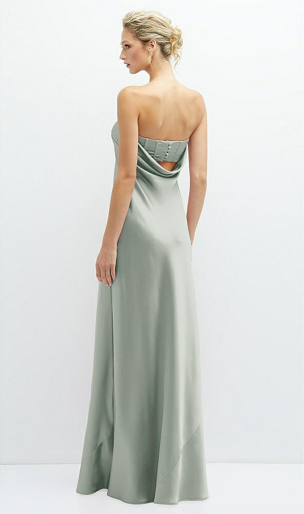 Back View - Willow Green Strapless Maxi Bias Column Dress with Peek-a-Boo Corset Back