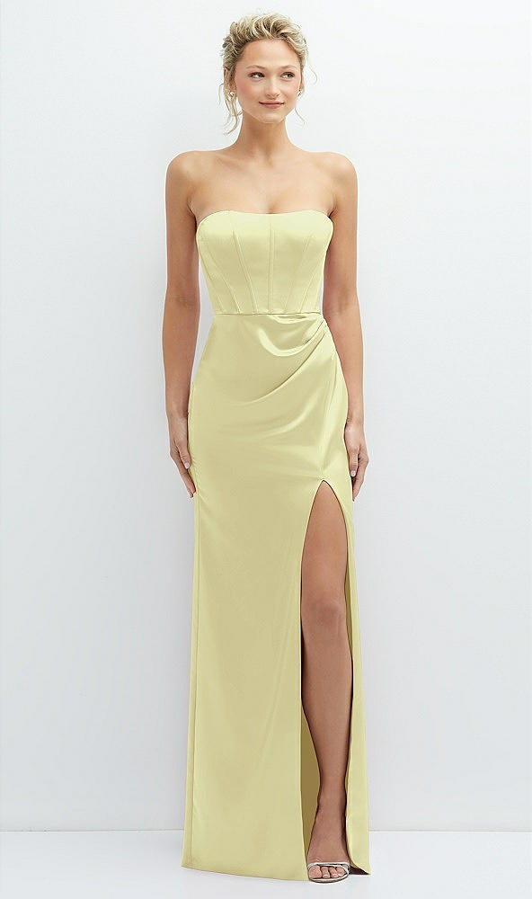 Front View - Butter Yellow Strapless Topstitched Corset Satin Maxi Dress with Draped Column Skirt