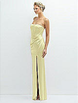 Side View Thumbnail - Butter Yellow Strapless Topstitched Corset Satin Maxi Dress with Draped Column Skirt