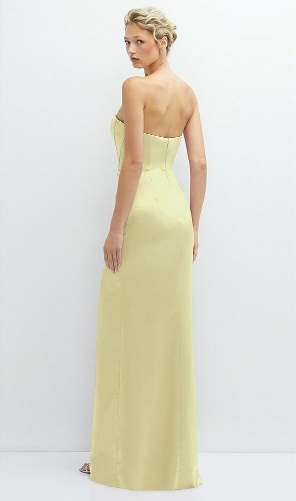 Back View - Butter Yellow Strapless Topstitched Corset Satin Maxi Dress with Draped Column Skirt