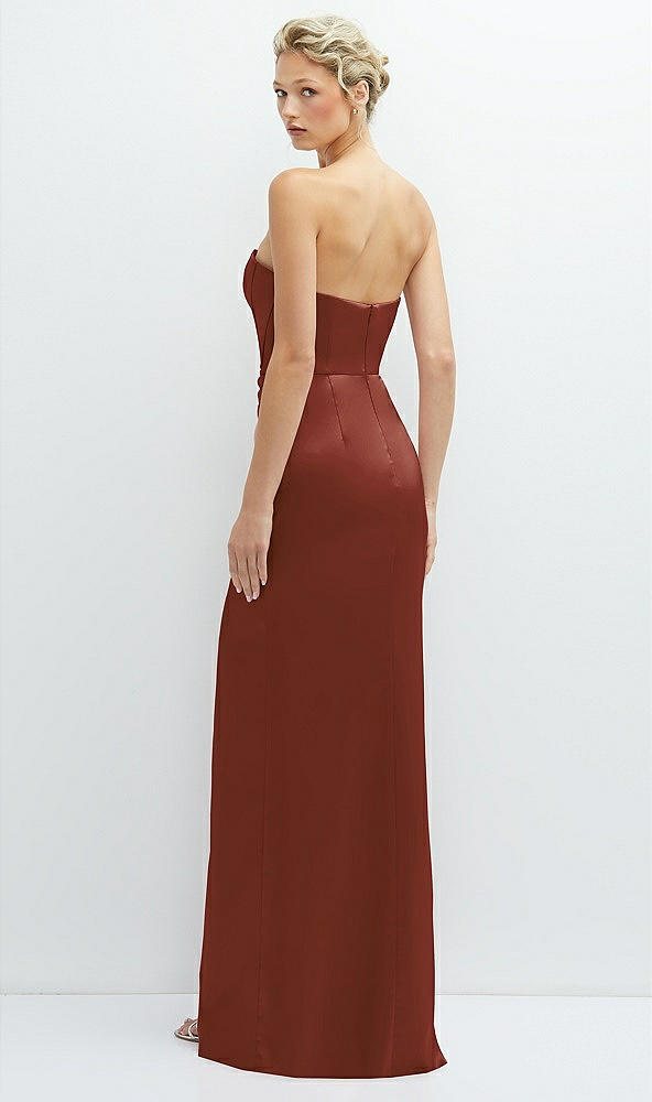 Back View - Auburn Moon Strapless Topstitched Corset Satin Maxi Dress with Draped Column Skirt