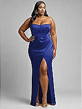 Alt View 1 Thumbnail - Cobalt Blue Strapless Topstitched Corset Satin Maxi Dress with Draped Column Skirt