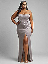 Alt View 1 Thumbnail - Cashmere Gray Strapless Topstitched Corset Satin Maxi Dress with Draped Column Skirt