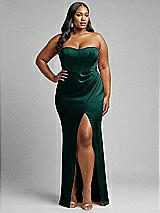 Alt View 1 Thumbnail - Evergreen Strapless Topstitched Corset Satin Maxi Dress with Draped Column Skirt