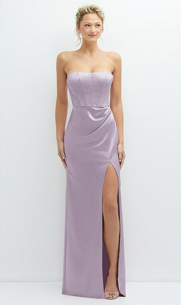 Front View - Lilac Haze Strapless Topstitched Corset Satin Maxi Dress with Draped Column Skirt