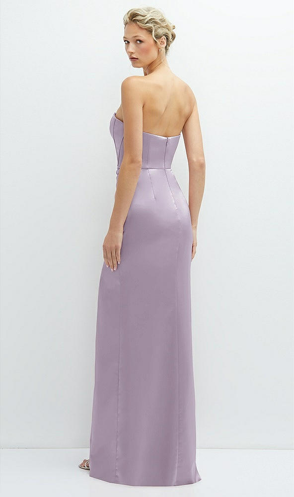 Back View - Lilac Haze Strapless Topstitched Corset Satin Maxi Dress with Draped Column Skirt