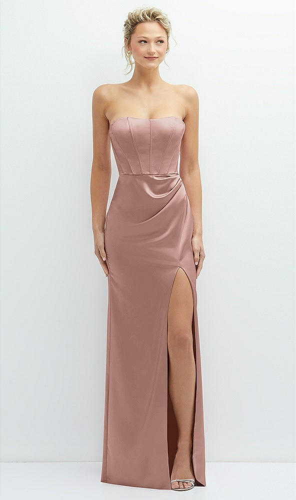 Front View - Neu Nude Strapless Topstitched Corset Satin Maxi Dress with Draped Column Skirt