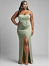 Alt View 1 Thumbnail - Sage Strapless Topstitched Corset Satin Maxi Dress with Draped Column Skirt