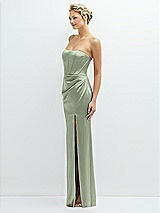 Side View Thumbnail - Sage Strapless Topstitched Corset Satin Maxi Dress with Draped Column Skirt