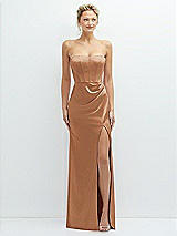 Front View Thumbnail - Toffee Strapless Topstitched Corset Satin Maxi Dress with Draped Column Skirt