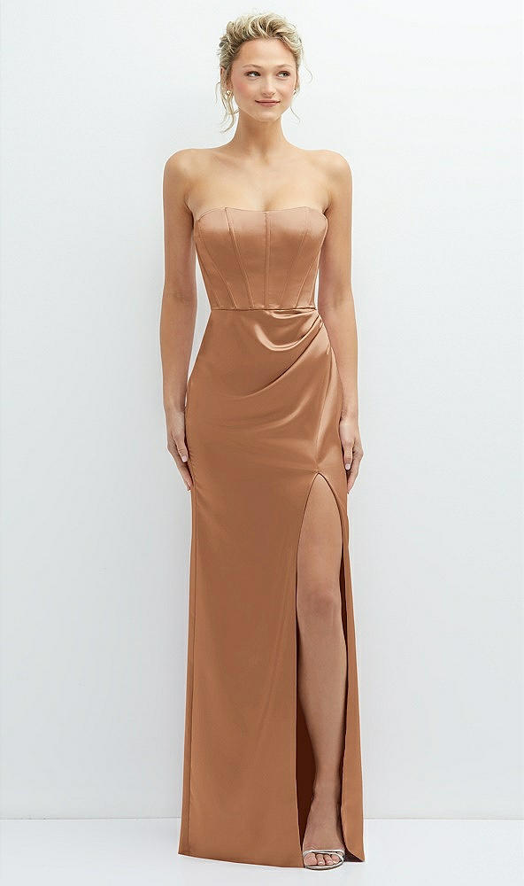 Front View - Toffee Strapless Topstitched Corset Satin Maxi Dress with Draped Column Skirt