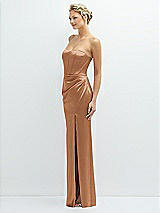 Side View Thumbnail - Toffee Strapless Topstitched Corset Satin Maxi Dress with Draped Column Skirt