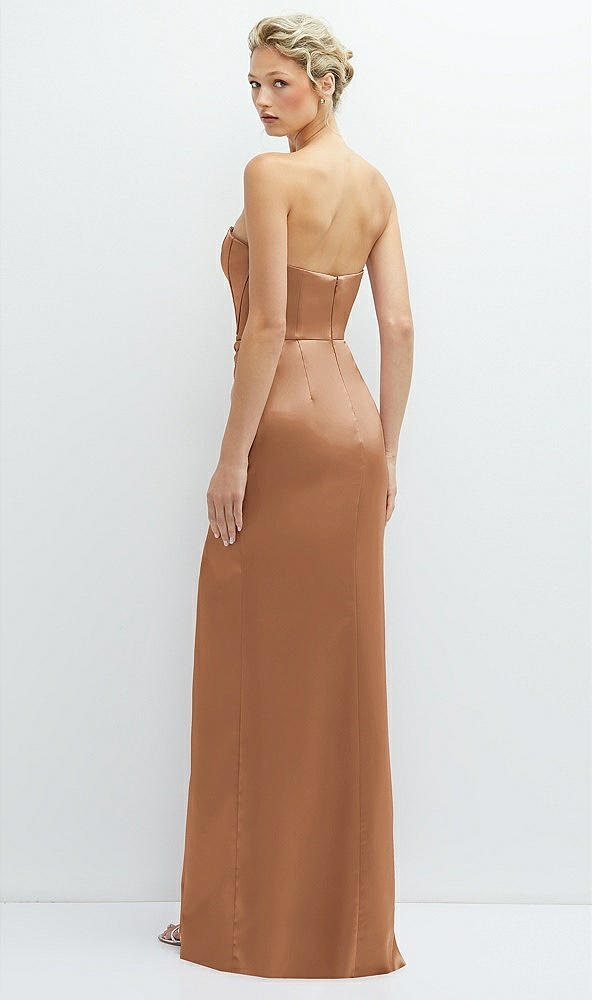 Back View - Toffee Strapless Topstitched Corset Satin Maxi Dress with Draped Column Skirt