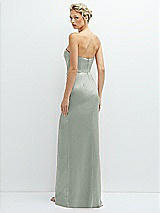 Rear View Thumbnail - Willow Green Strapless Topstitched Corset Satin Maxi Dress with Draped Column Skirt