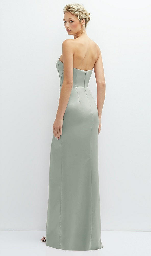 Back View - Willow Green Strapless Topstitched Corset Satin Maxi Dress with Draped Column Skirt