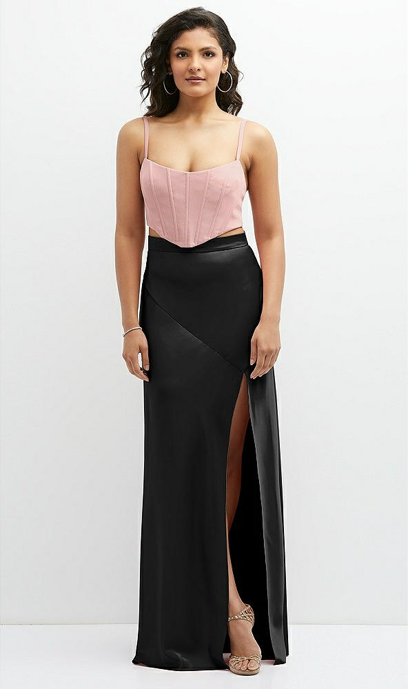 Front View - Black Satin Mix-and-Match High Waist Seamed Bias Skirt