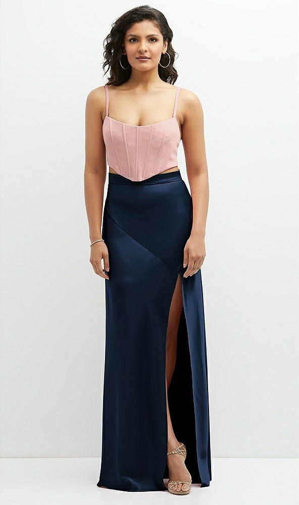 Front View - Midnight Navy Satin Mix-and-Match High Waist Seamed Bias Skirt