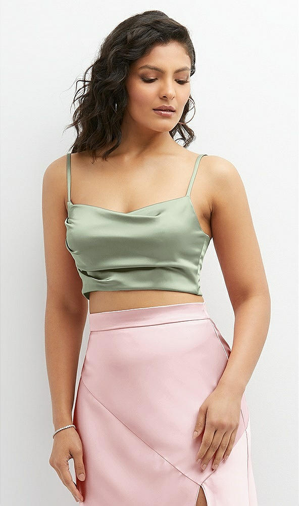 Front View - Sage Satin Mix-and-Match Draped Midriff Top