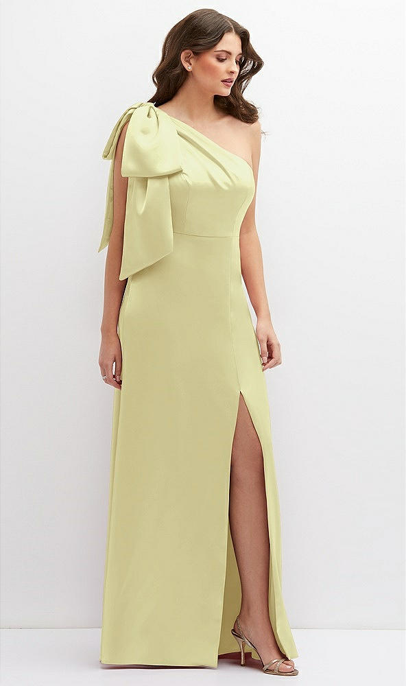 Front View - Butter Yellow One-Shoulder Satin Maxi Dress with Chic Oversized Shoulder Bow