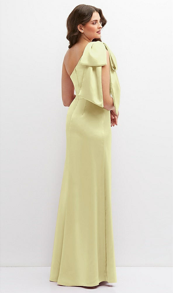 Back View - Butter Yellow One-Shoulder Satin Maxi Dress with Chic Oversized Shoulder Bow