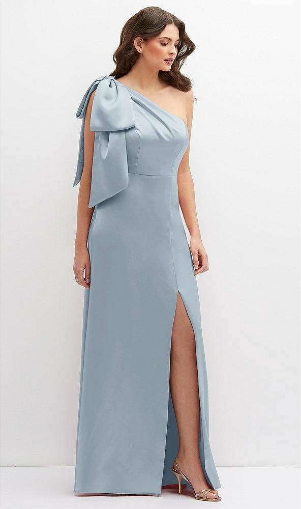 Front View - Mist One-Shoulder Satin Maxi Dress with Chic Oversized Shoulder Bow