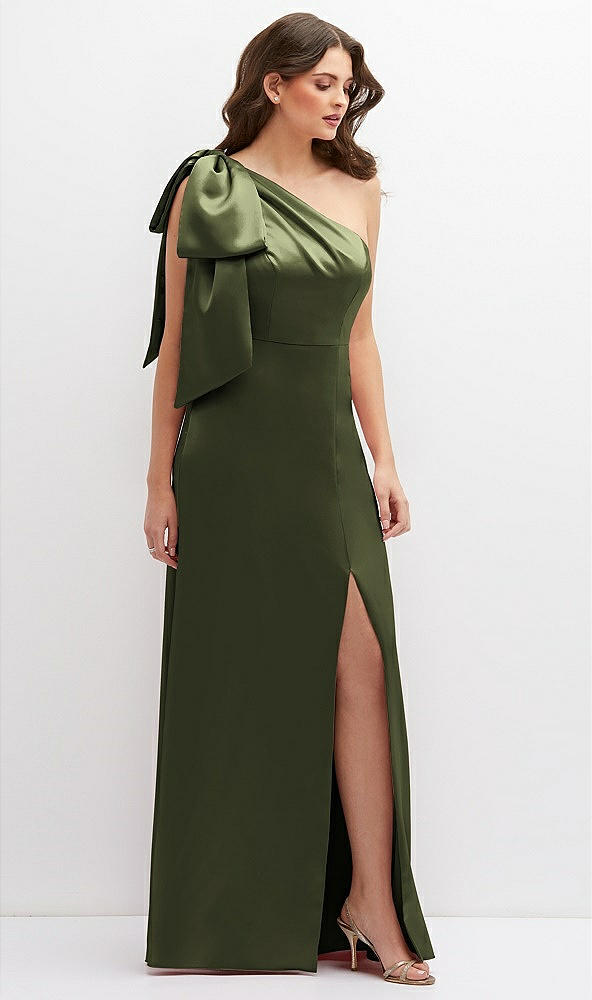 Front View - Olive Green One-Shoulder Satin Maxi Dress with Chic Oversized Shoulder Bow