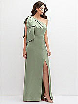 Front View Thumbnail - Sage One-Shoulder Satin Maxi Dress with Chic Oversized Shoulder Bow