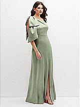 Side View Thumbnail - Sage One-Shoulder Satin Maxi Dress with Chic Oversized Shoulder Bow