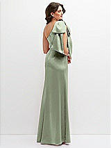 Rear View Thumbnail - Sage One-Shoulder Satin Maxi Dress with Chic Oversized Shoulder Bow