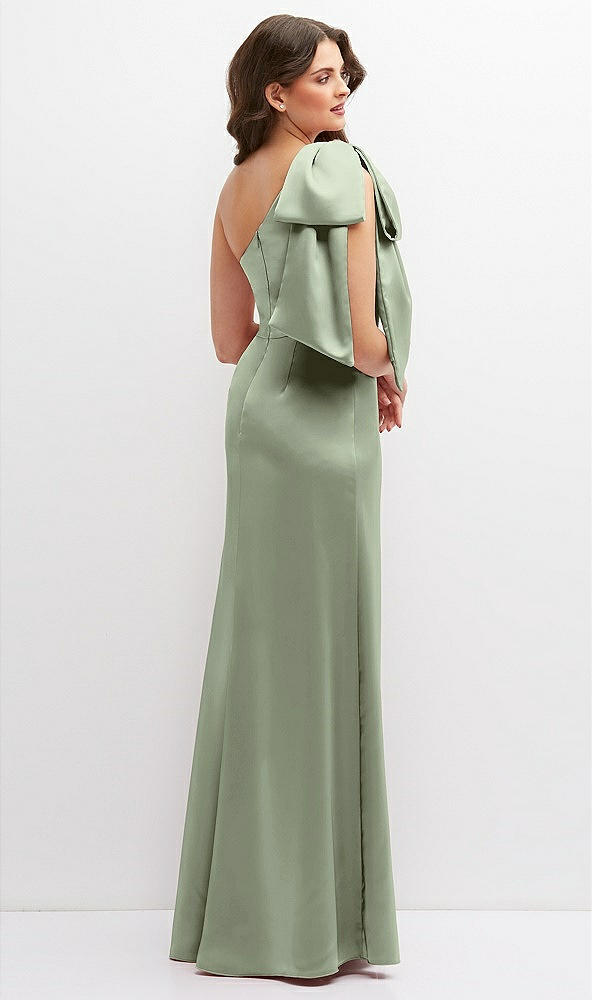 Back View - Sage One-Shoulder Satin Maxi Dress with Chic Oversized Shoulder Bow