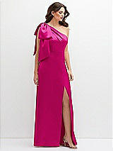 Front View Thumbnail - Think Pink One-Shoulder Satin Maxi Dress with Chic Oversized Shoulder Bow