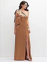 Front View Thumbnail - Toffee One-Shoulder Satin Maxi Dress with Chic Oversized Shoulder Bow