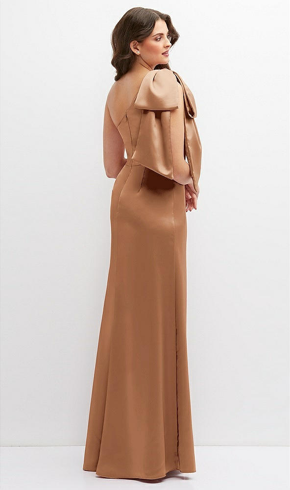 Back View - Toffee One-Shoulder Satin Maxi Dress with Chic Oversized Shoulder Bow