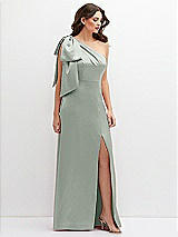 Front View Thumbnail - Willow Green One-Shoulder Satin Maxi Dress with Chic Oversized Shoulder Bow