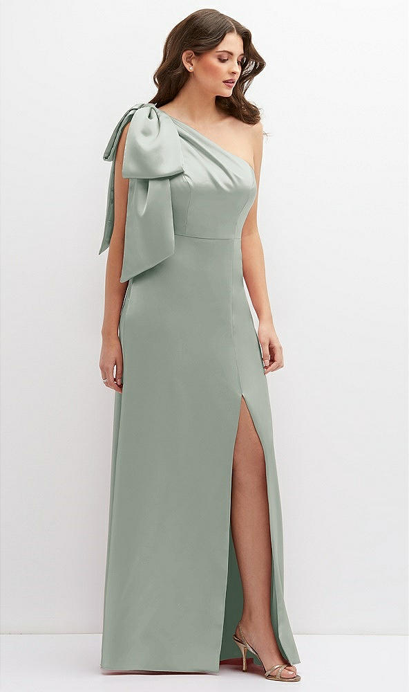 Front View - Willow Green One-Shoulder Satin Maxi Dress with Chic Oversized Shoulder Bow