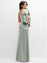 Rear View Thumbnail - Willow Green One-Shoulder Satin Maxi Dress with Chic Oversized Shoulder Bow