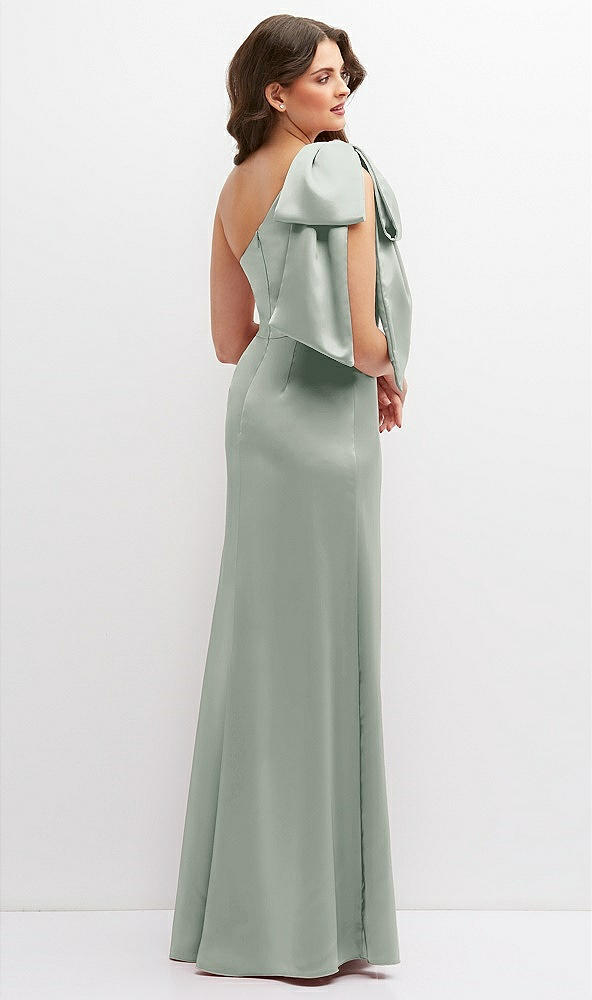 Back View - Willow Green One-Shoulder Satin Maxi Dress with Chic Oversized Shoulder Bow