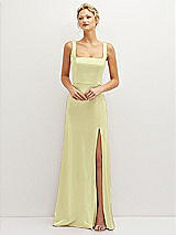 Front View Thumbnail - Butter Yellow Square-Neck Satin A-line Maxi Dress with Front Slit