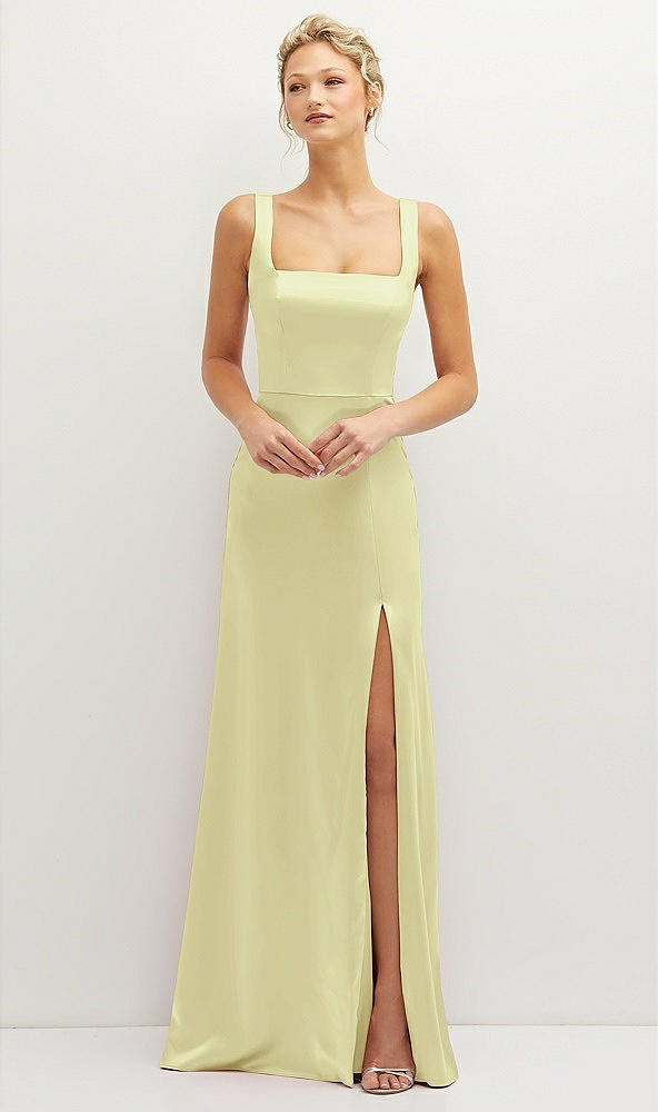 Front View - Butter Yellow Square-Neck Satin A-line Maxi Dress with Front Slit