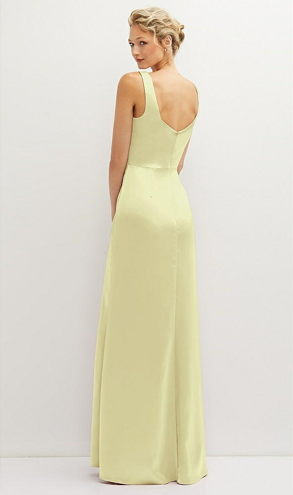 Back View - Butter Yellow Square-Neck Satin A-line Maxi Dress with Front Slit