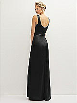 Rear View Thumbnail - Black Square-Neck Satin A-line Maxi Dress with Front Slit