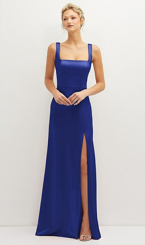 Front View - Cobalt Blue Square-Neck Satin A-line Maxi Dress with Front Slit