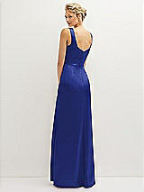 Rear View Thumbnail - Cobalt Blue Square-Neck Satin A-line Maxi Dress with Front Slit